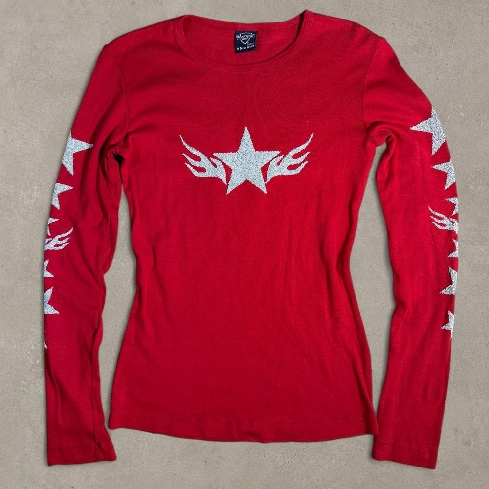 Vintage Sledge USA Red Star Flame Shirt Womens L Y2K Long Sleeve Made in USA